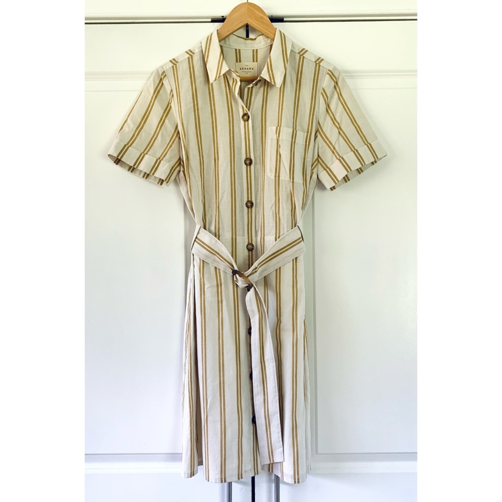 Sezane Lexia Shirt Dress Striped Cotton Button Sheath Short Sleeve Size 38 US 6